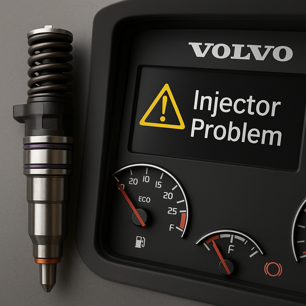 Volvo truck fuel injector close-up with diagnostic tools – common symptoms, causes, and repair solutions for Volvo injector problems