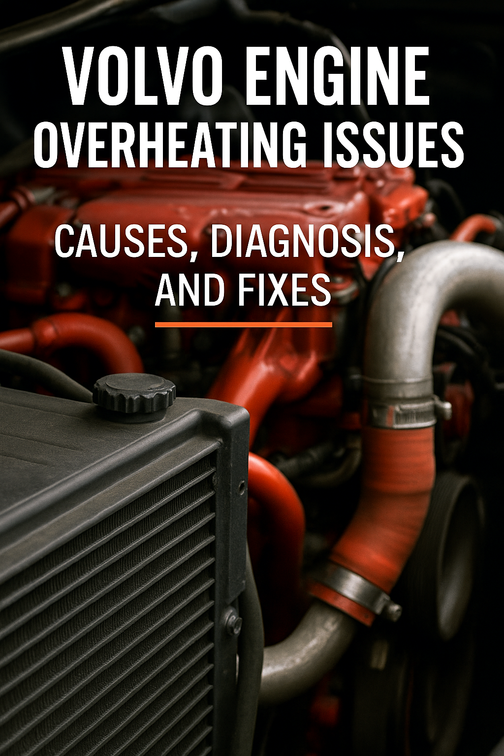 Volvo truck engine overheating – close-up of radiator and cooling system with warning temperature gauge, designed for article on causes, diagnosis, and fixes for Volvo D12 and D13 overheating issues